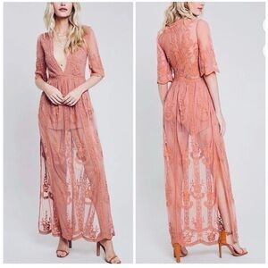 NWOT Honeypunch Lace Embroidered Plunge Dress with Romper in Peach Rose size S&M